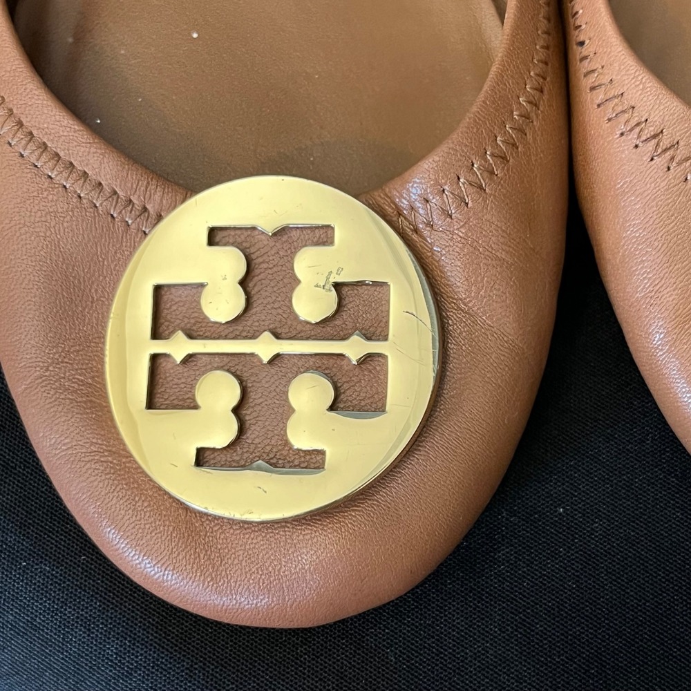 Tory Burch Eleanor Ballet Flats Tan Leather Gold Logo Round Toe Women Size 9 - Picture 7 of 11